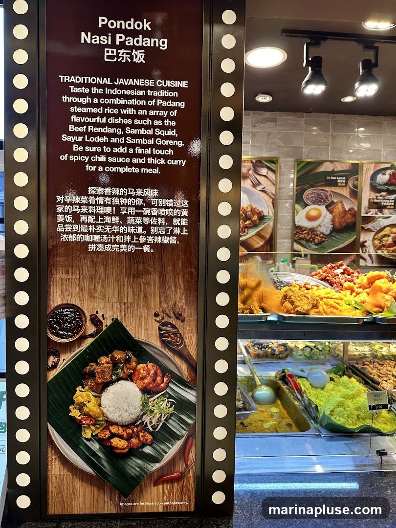 A sign describing traditional Javanese cuisine, specifically Nasi Padang. It details the components of the dish, including steamed rice and various flavorful side dishes like Beef Rendang, Sambal Squid, Sayur Lodeh, and Sambal Goreng. The sign also includes a description in Chinese and an image of a Nasi Padang meal. In the background, a display case shows various food items, including yellow rice with a price tag of $2.00.