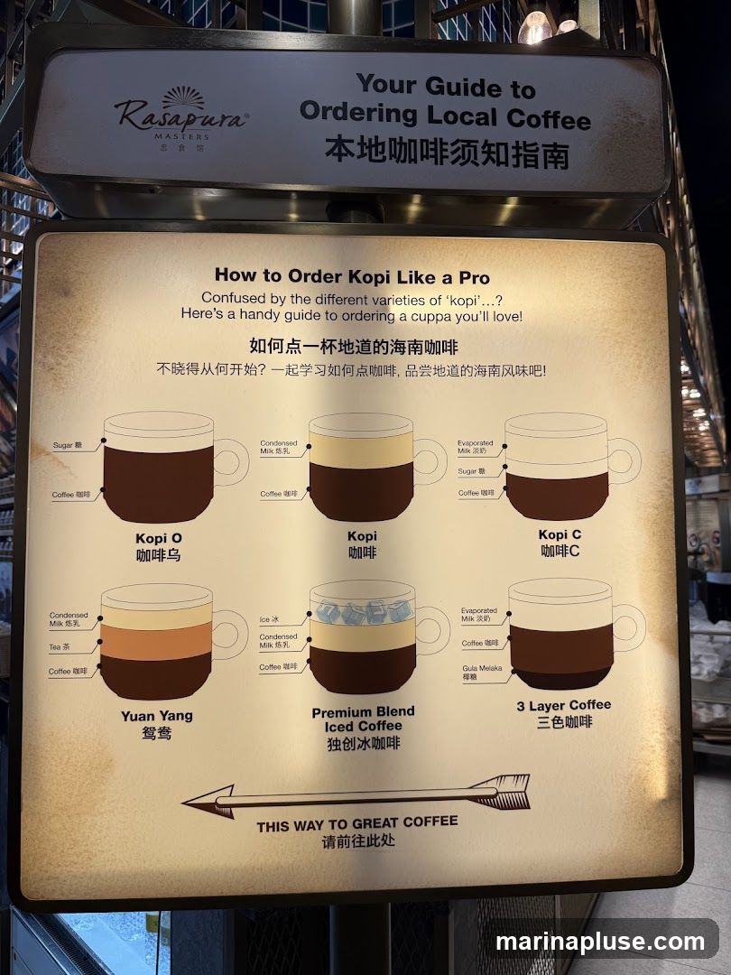 A sign titled 'Your Guide to Ordering Local Coffee' with instructions on how to order Kopi like a pro. It illustrates different coffee variations with their ingredients. The sign also includes the Rasapura Masters logo and an arrow pointing towards 'Great Coffee'.