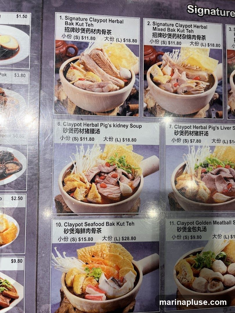 Menu featuring various claypot herbal dishes.