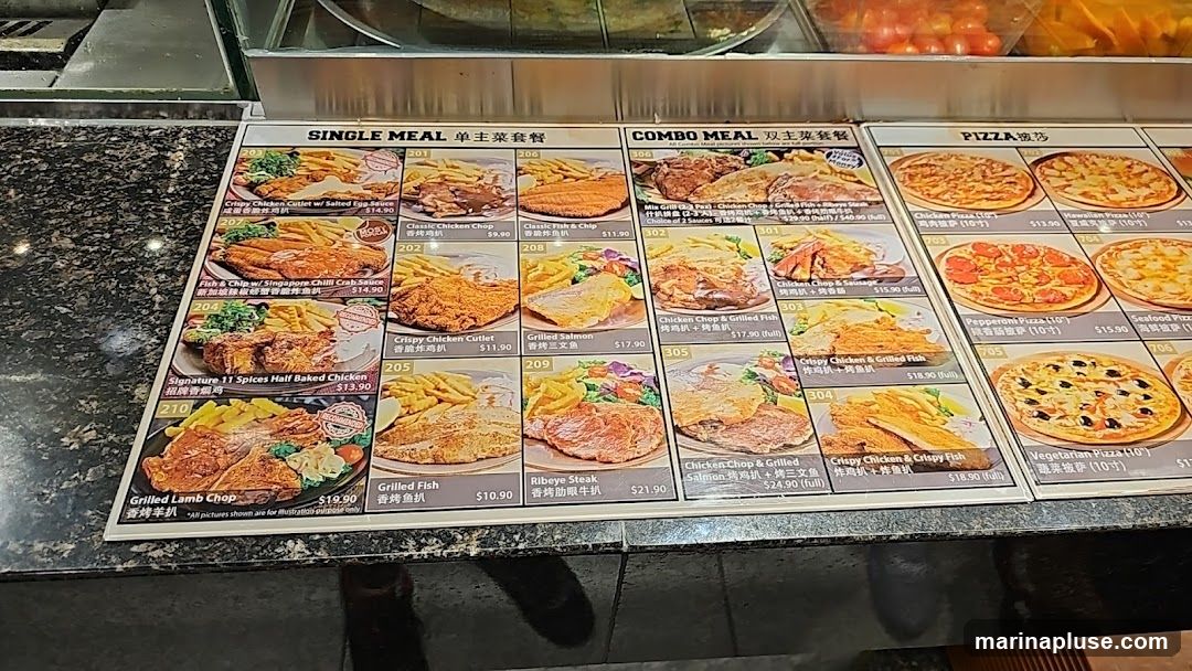 A menu displaying various meal options including single meals, combo meals, and pizzas. Each item features a picture, name in English and Chinese, and price.