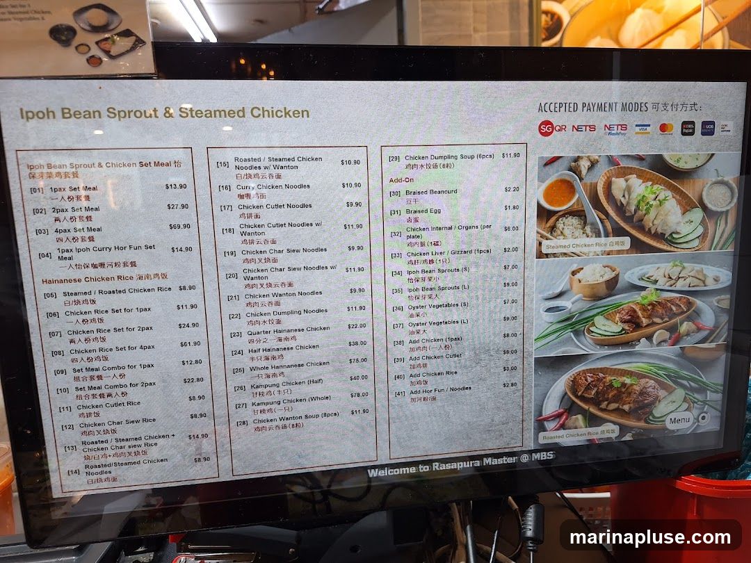 A digital menu displaying various chicken rice and noodle dishes, with prices and payment options.