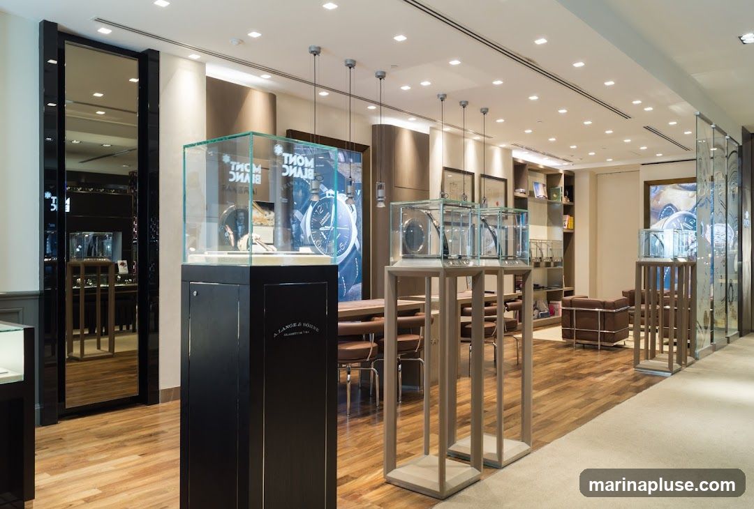 The interior of a high-end watch store featuring display cases with watches, a large promotional poster for Mont Blanc, and seating areas. The store has polished wooden floors and modern lighting.