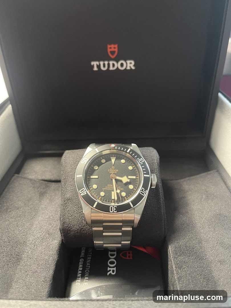 A Tudor watch with a black dial and metal bracelet is displayed inside its presentation box. The inside lid of the box features the Tudor logo and name. A warranty card is visible below the watch.