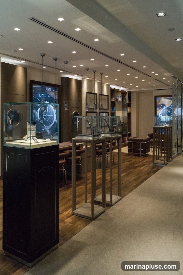 The interior of a high-end watch store is depicted, featuring polished wooden floors and a neutral-toned carpet. Several glass display cases showcase watches, with one prominent black pedestal displaying a watch and the brand name "A. LANGE & SÖHNE". Large screens on the walls display close-ups of watches. In the background, there are seating areas and shelves stocked with items. The lighting is soft and recessed, creating an elegant ambiance.