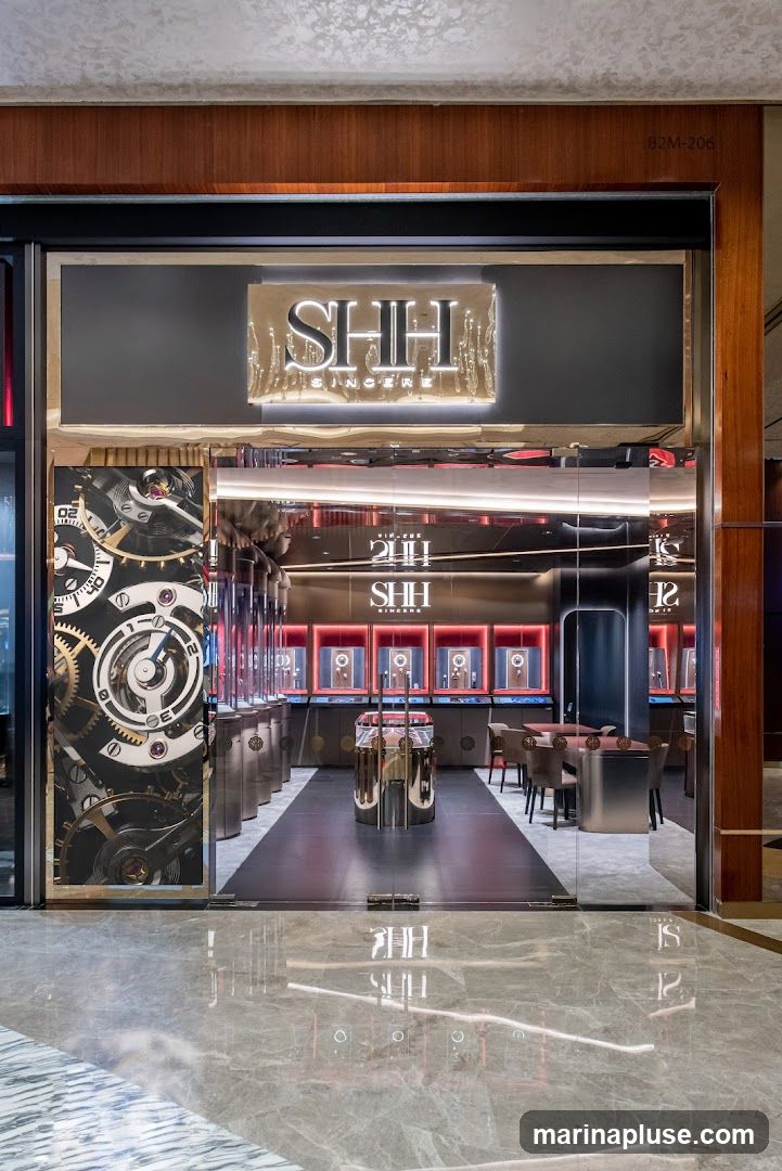 The exterior of a modern watch store with a prominent illuminated sign that reads "SHH SINCEREZ". The storefront features large glass doors and windows, revealing a luxurious interior with display cases showcasing watches. The interior design is sleek and contemporary, with metallic accents and soft lighting. A large graphic of watch gears is visible on the left side of the entrance.