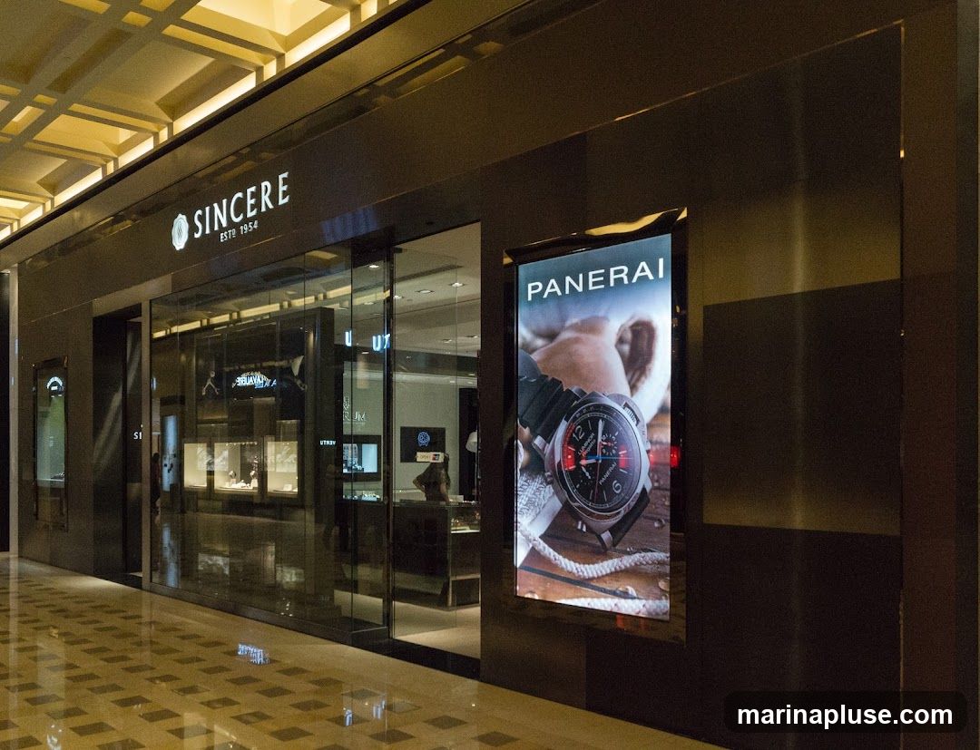 The exterior of a SINCERE watch store with the brand name and "ESTD 1954" visible above the entrance. The store has large glass windows displaying watches inside. A digital advertisement for Panerai watches is displayed on the right side of the storefront.