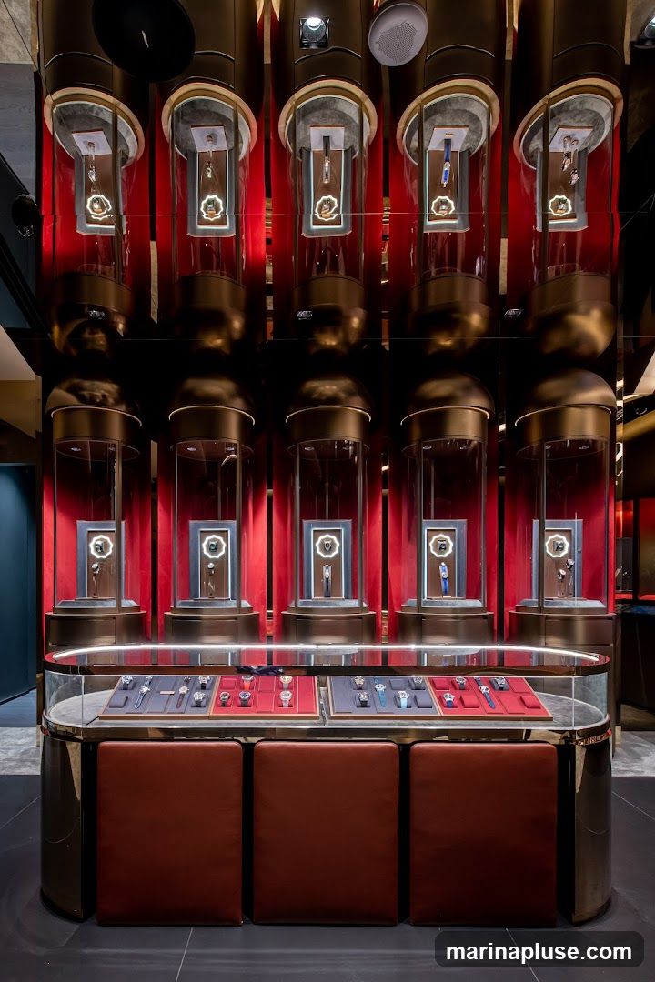 A high-end watch store interior featuring multiple cylindrical display cases with watches inside, illuminated from within. The cases are arranged in two rows, with red velvet curtains as a backdrop. Below the vertical displays, a glass-topped counter showcases a selection of watches on red and blue velvet trays. The overall aesthetic is opulent and modern, with metallic accents and soft lighting.