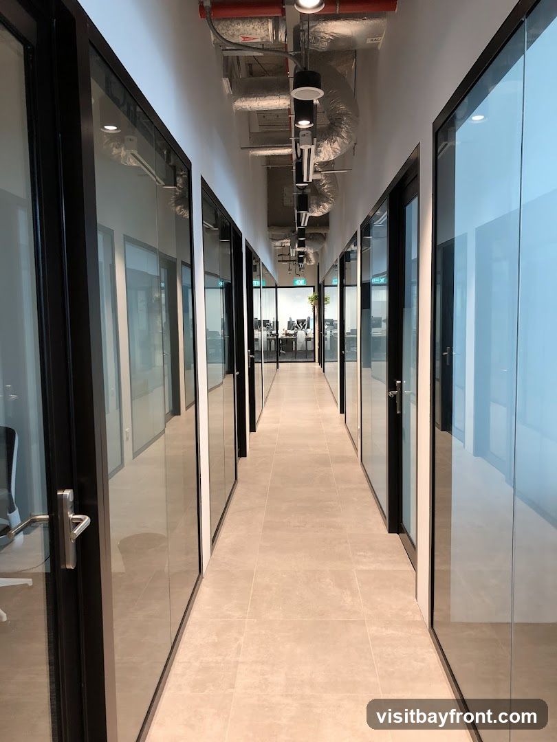 A long, modern office hallway with glass-walled rooms on either side. The floor is tiled, and the ceiling features exposed ductwork and lighting fixtures. At the end of the hallway, an open office space with desks and computers is visible.