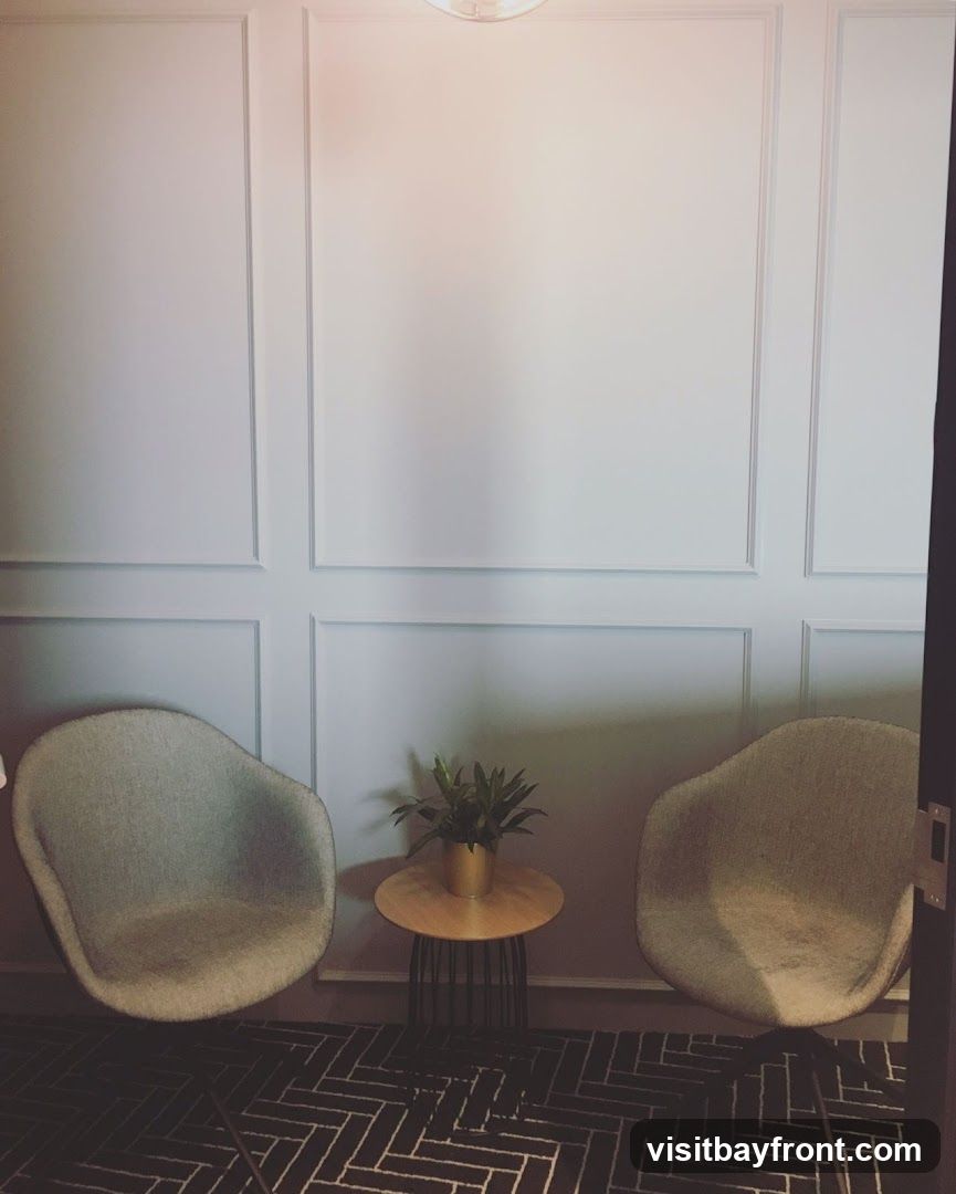 A waiting area with two upholstered chairs, a small round side table with a potted plant, and a patterned rug. The walls have decorative paneling.