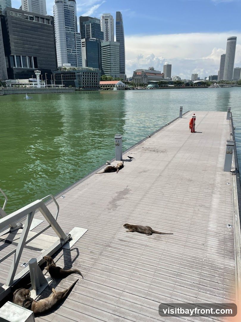 A group of otters are resting and lounging on a wooden dock. In the background, a modern city skyline with tall buildings rises above a body of green water. The sky is blue with scattered clouds.