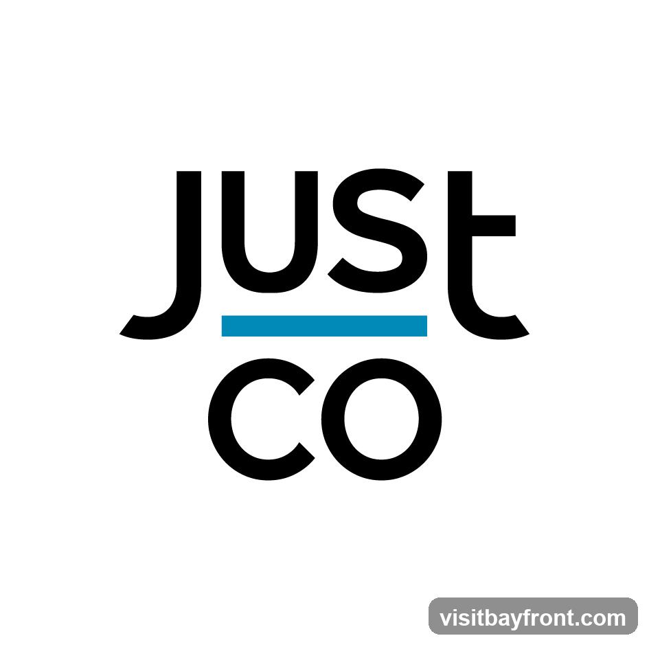 The logo features the word "JUST" in black, sans-serif font, with a thin blue line underneath the letters "US". Below this, the word "CO" is displayed in a larger, black, sans-serif font. The background is white.