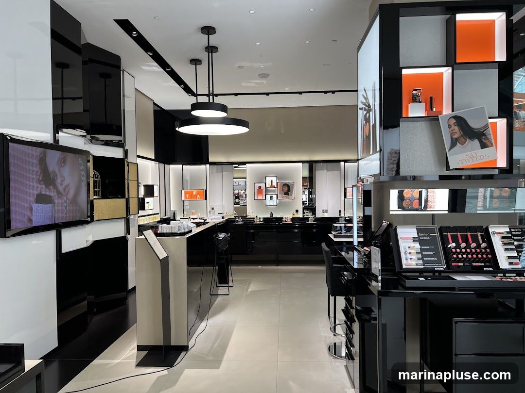 A well-lit, modern cosmetics store interior with sleek black and white displays. Various makeup products are showcased on shelves and counters. Digital screens display advertisements featuring models. The overall aesthetic is clean and luxurious, with a focus on product presentation.