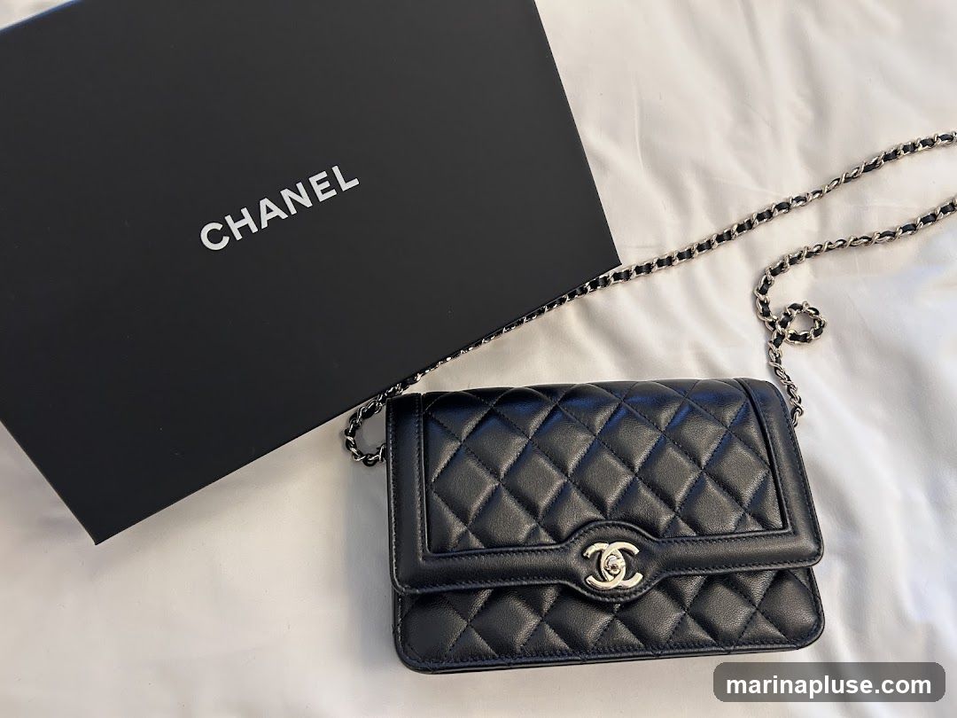 A black quilted leather Chanel wallet on chain bag is placed next to a black Chanel box. The bag has a silver-tone CC logo clasp and a silver chain strap. The box has the word "CHANEL" printed in white on the lid.