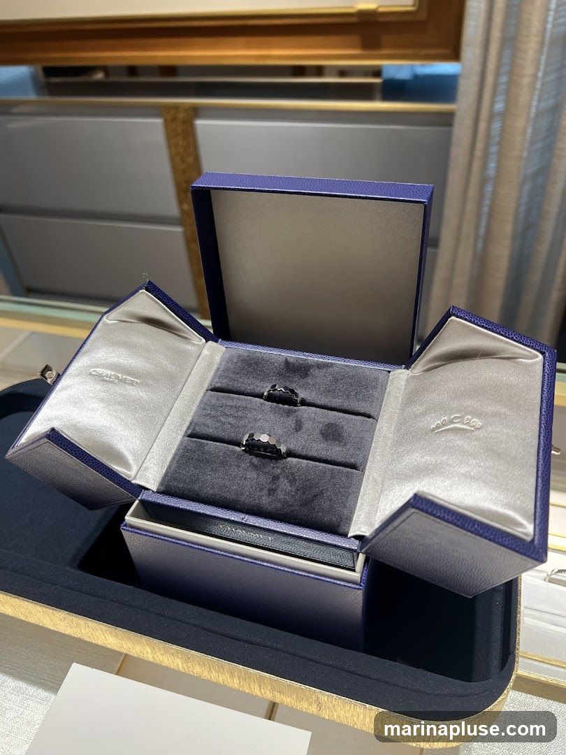 A blue velvet-lined jewelry box is open, displaying two rings. The box has satin lining inside the lid, with embossed logos. The rings appear to be made of dark metal and have intricate designs. The box is placed on a textured gold tray, with a blurred background suggesting a retail environment.