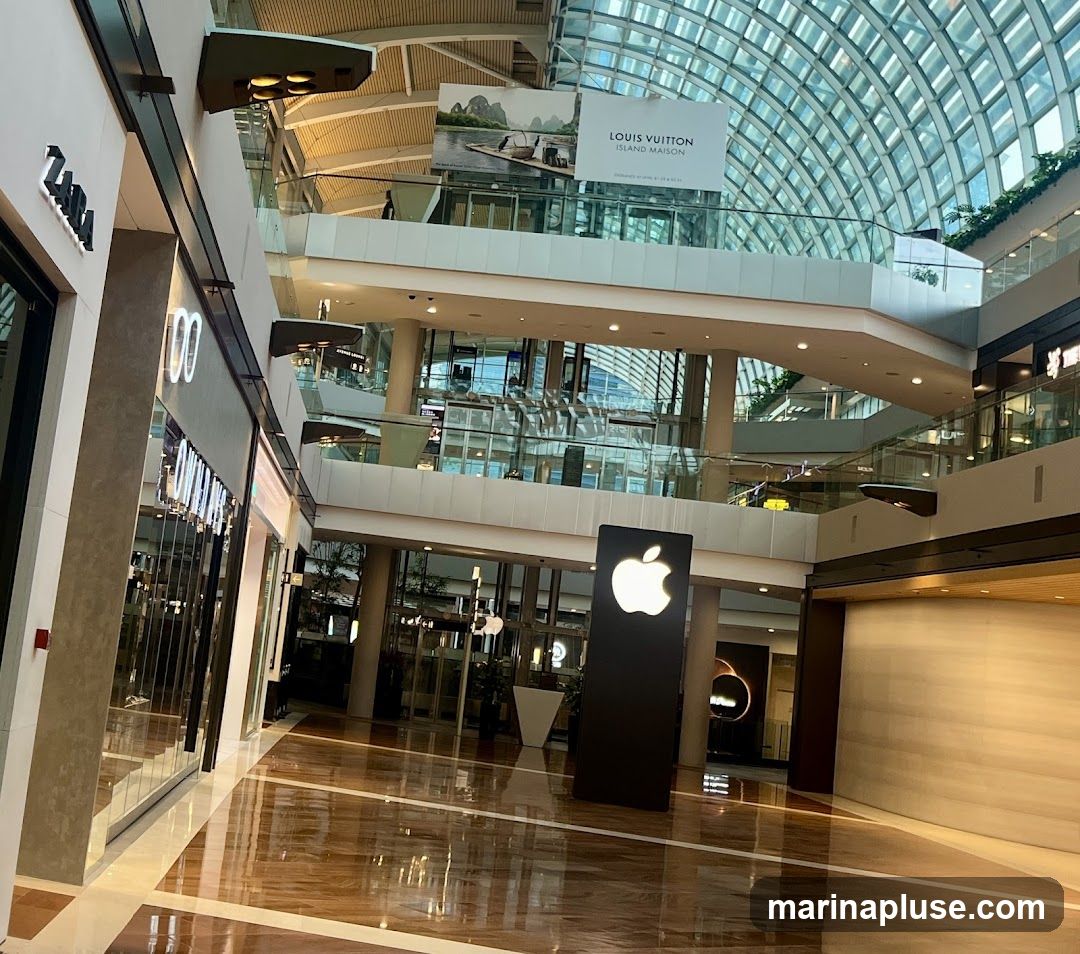 An interior view of a modern shopping mall with multiple levels and a glass ceiling. Visible storefronts include Zara and an Apple store with its iconic logo displayed prominently. A large banner for Louis Vuitton Island Maison is also visible on an upper level. The polished wooden floor reflects the ambient light.