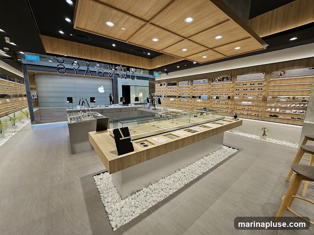 The interior of a modern eyewear store is shown, featuring a clean and organized display of eyeglasses and sunglasses. The store has a minimalist design with wooden accents on the ceiling and display counters. Shelves lining the walls are filled with various eyewear brands, illuminated by soft lighting. A central display case showcases select items. In the background, through an opening, other retail spaces are visible, including an Apple store and a Zara store.