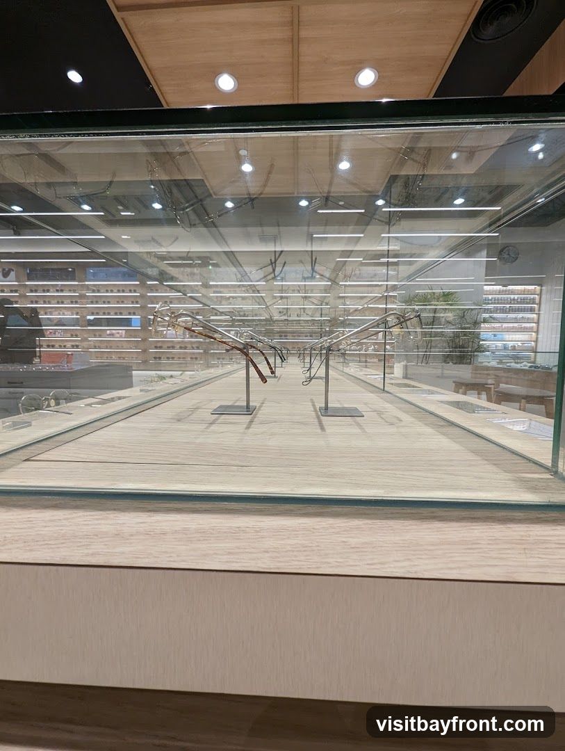 A display case filled with eyeglasses, arranged in rows and on stands, creating a sense of depth and perspective. The interior of the store is visible in the background, with shelves stocked with more eyewear and a wooden bench. The ceiling features a modern design with wooden panels and recessed lighting.