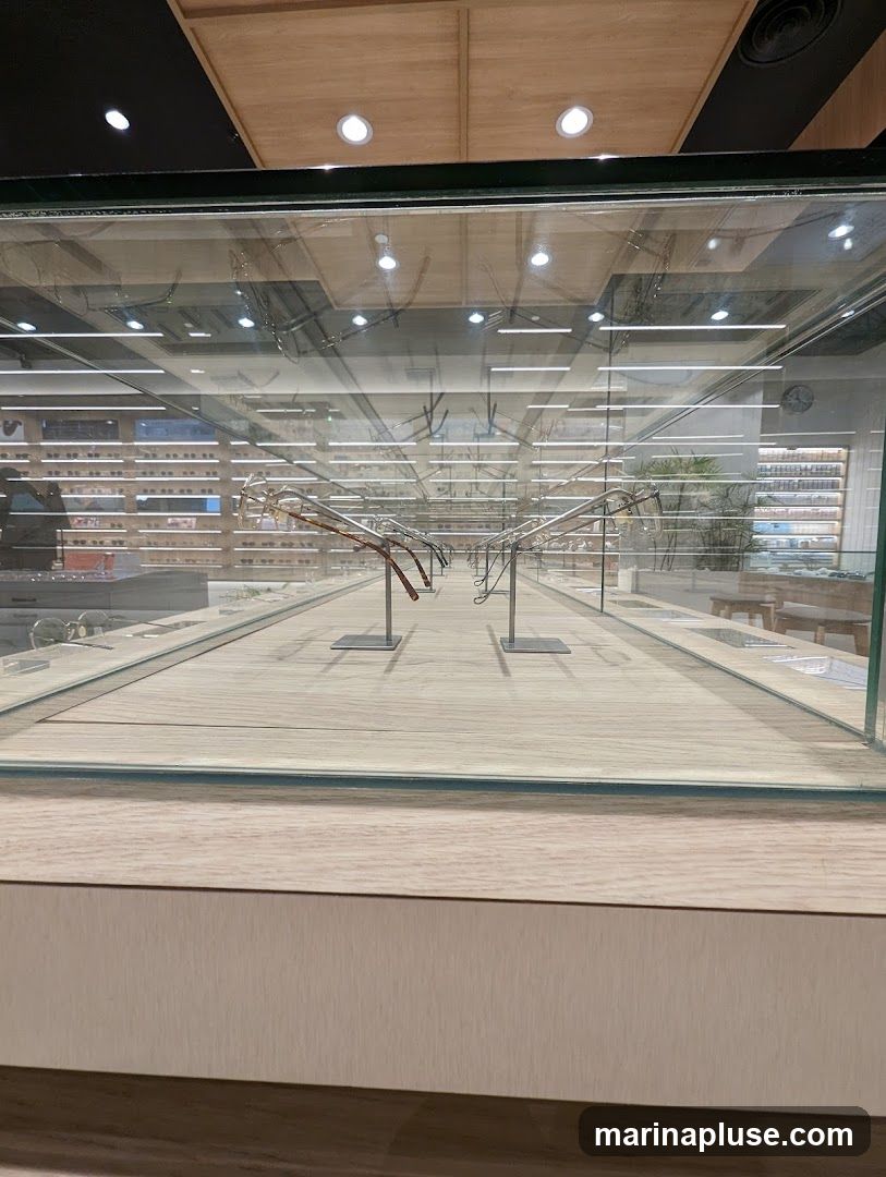 A display case filled with eyeglasses, arranged in rows and on stands, creating a sense of depth and perspective. The interior of the store is visible in the background, with shelves stocked with more eyewear and a wooden bench. The ceiling features a modern design with wooden panels and recessed lighting.
