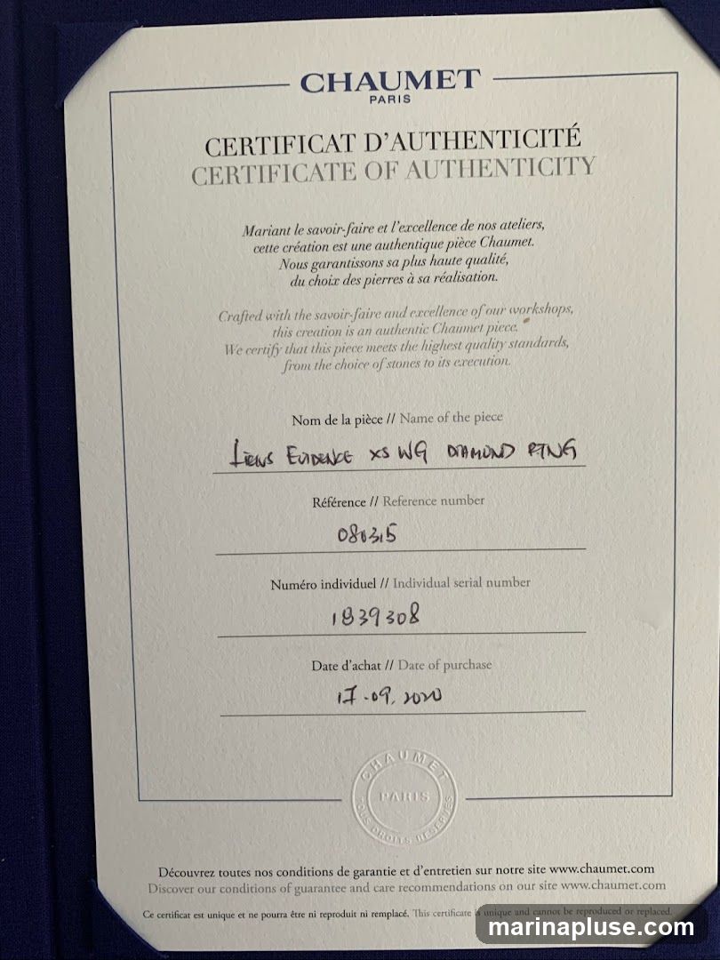 A certificate of authenticity from Chaumet Paris for a diamond ring. The certificate details the name of the piece as 'Liens Evidence XS WG Diamond Ring', a reference number '080315', an individual serial number '1839308', and the date of purchase as '17.09.2020'. It also includes text in French and English about the craftsmanship and quality of the piece. A Chaumet embossed seal is visible at the bottom.