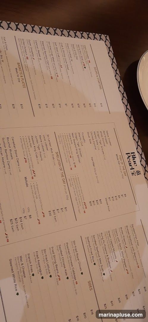 A menu with sections for Soups & Starters, Fish of the Day, Shellfish of the Day, Baskets & Plates, and Sides.