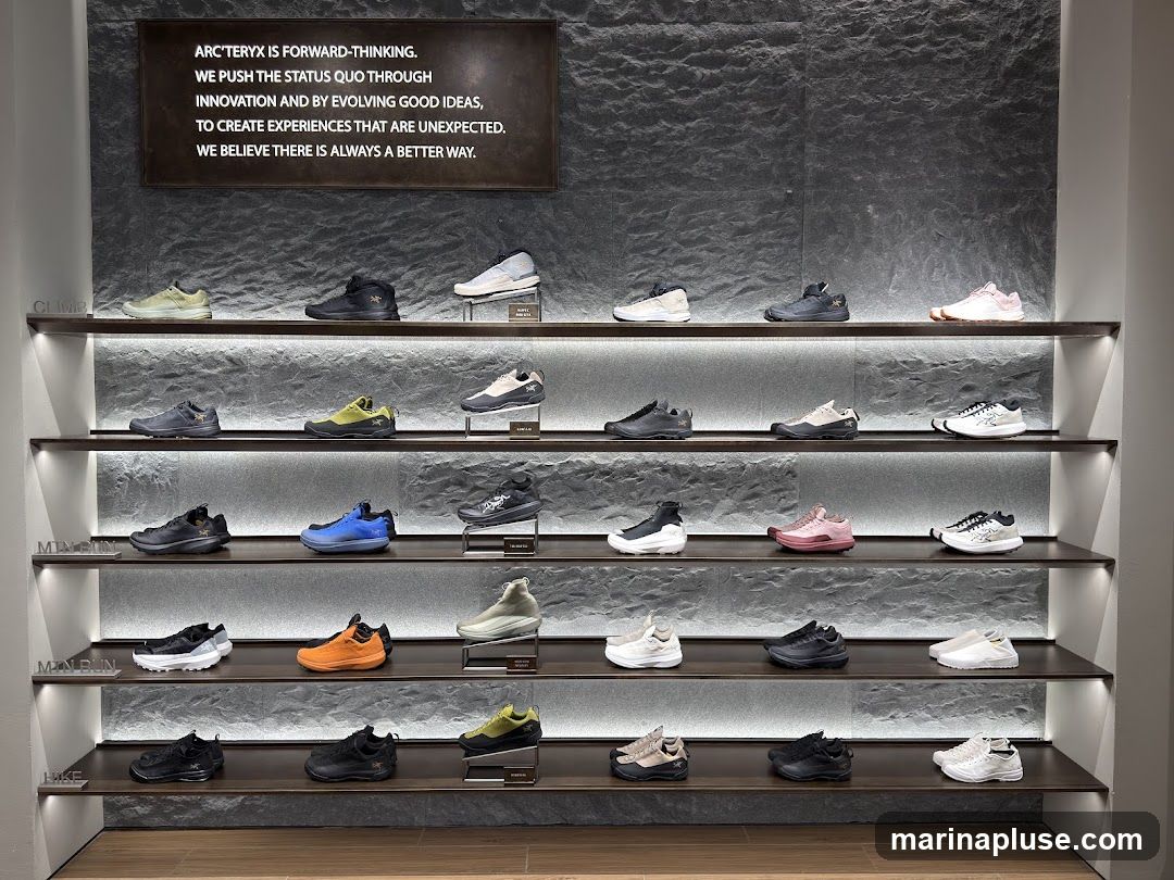 A retail display featuring multiple shelves of athletic shoes. The shoes are organized by type, with labels such as 'CLIMB', 'MAN BLIN', and 'HIKE' visible on the left side. A motivational quote from ARC'TERYX is displayed on the wall above the shoes.
