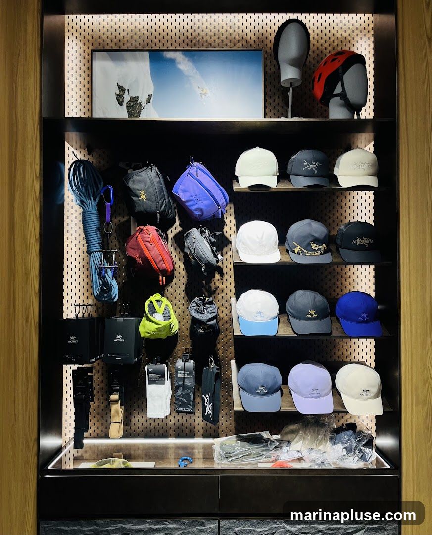 A retail display featuring outdoor gear, including hats, bags, ropes, and socks. The items are neatly arranged on shelves and pegboards. A framed picture of a skier is displayed at the top.