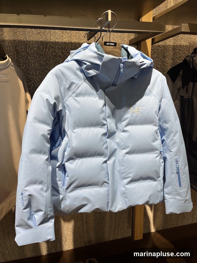A light blue puffer jacket with a hood is displayed on a hanger. The jacket has a zipper closure and pockets. The Arc'teryx logo is visible on the chest, and a "GORE-TEX" logo is on the sleeve. Other clothing items are visible in the background.