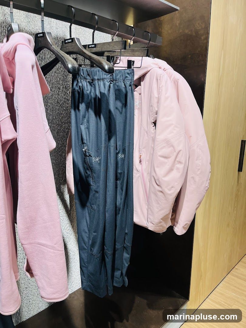 A rack of clothing, including pink hoodies and a pair of dark grey pants, is displayed in a store. The pants have the Arc'teryx logo visible.