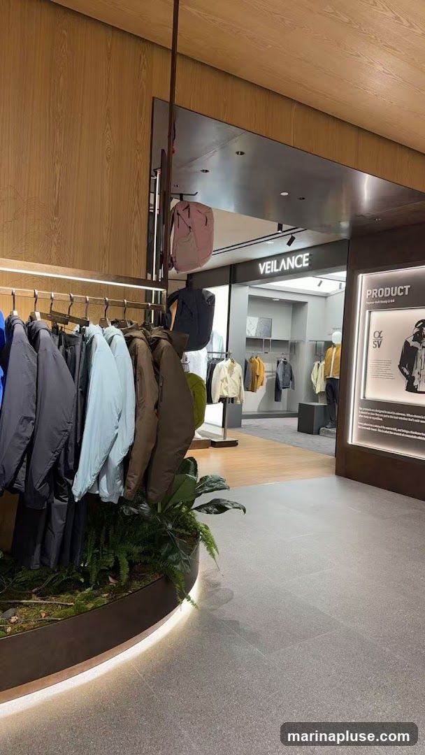 A view inside a modern retail store, likely a clothing boutique. Racks of jackets and pants are displayed on the left, with a lush green plant arrangement in the foreground. In the background, the store's name, VEILANCE, is visible above an entrance. Mannequins and more clothing are visible within the store. A large illuminated display panel on the right showcases product information and imagery.