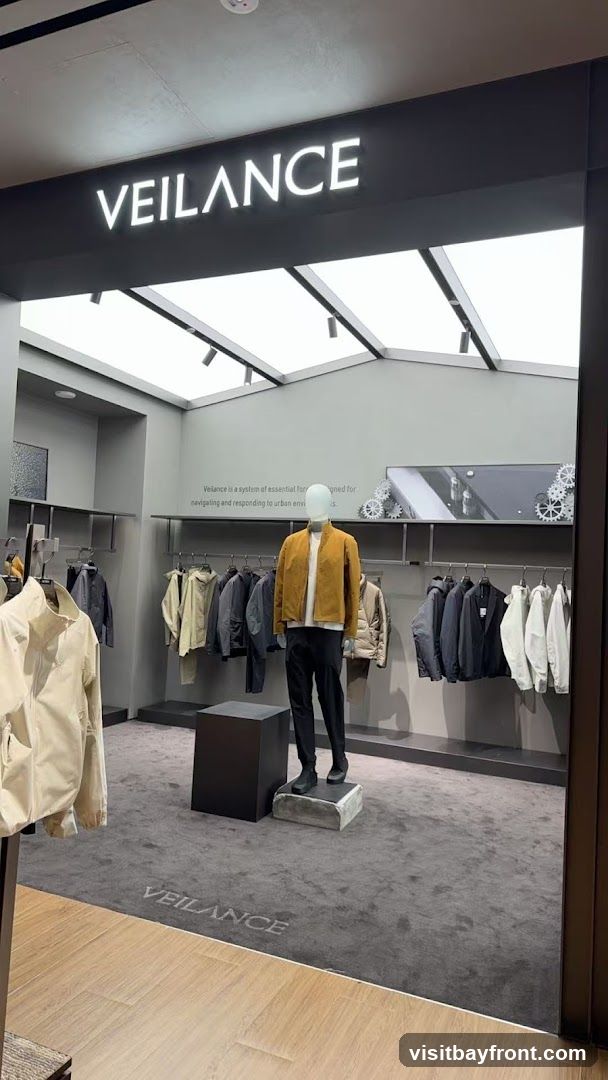The interior of a VEILANCE store, featuring a display of men's outerwear. A mannequin is dressed in a yellow jacket and black pants, standing on a pedestal. Racks of clothing, primarily jackets and coats in neutral tones, are arranged on either side. The store has a minimalist design with grey walls and carpeting, and a wooden floor at the entrance. The VEILANCE logo is visible on the signage above the entrance and subtly on the carpet. A descriptive text about Veilance is displayed on the wall.