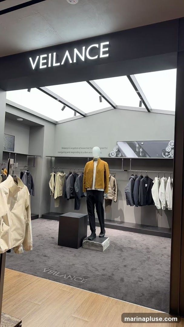 The interior of a VEILANCE store, featuring a display of men's outerwear. A mannequin is dressed in a yellow jacket and black pants, standing on a pedestal. Racks of clothing, primarily jackets and coats in neutral tones, are arranged on either side. The store has a minimalist design with grey walls and carpeting, and a wooden floor at the entrance. The VEILANCE logo is visible on the signage above the entrance and subtly on the carpet. A descriptive text about Veilance is displayed on the wall.