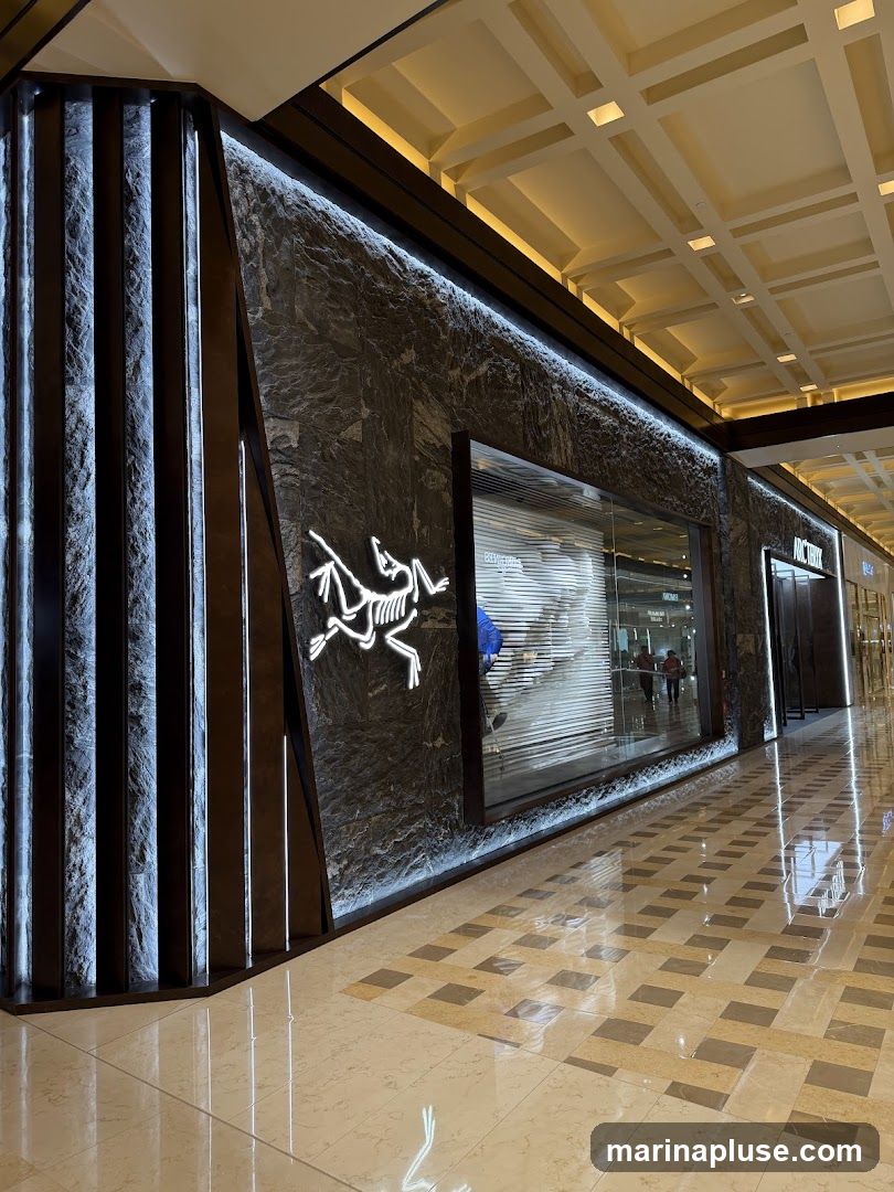 The exterior of an Arc'teryx store with a distinctive facade. The wall features dark, textured stone panels illuminated by subtle LED lighting. A prominent white logo of a dinosaur skeleton is displayed on the stone. A large glass window reveals the interior of the store, with blinds and some merchandise visible. The floor is tiled in a checkered pattern of light and dark beige squares.
