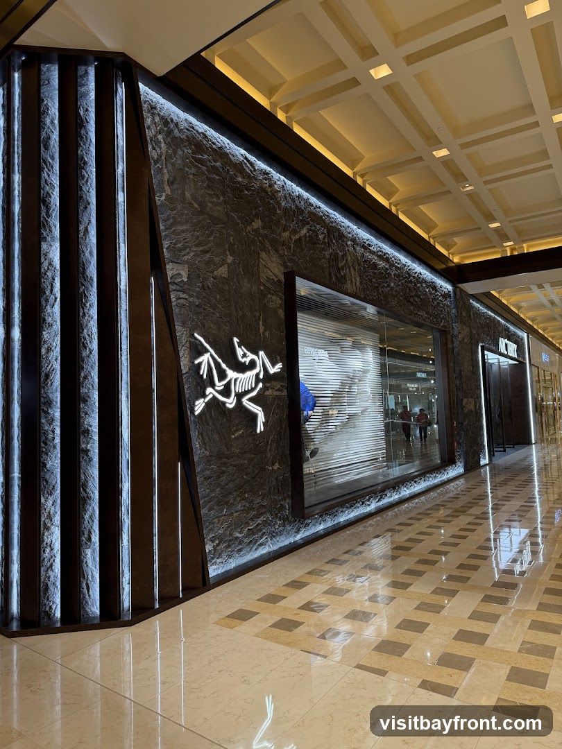 The exterior of an Arc'teryx store with a distinctive facade. The wall features dark, textured stone panels illuminated by subtle LED lighting. A prominent white logo of a dinosaur skeleton is displayed on the stone. A large glass window reveals the interior of the store, with blinds and some merchandise visible. The floor is tiled in a checkered pattern of light and dark beige squares.