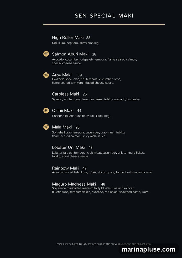 A list of special maki rolls with descriptions and prices.
