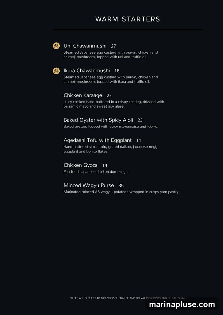 A list of warm starters with descriptions and prices.