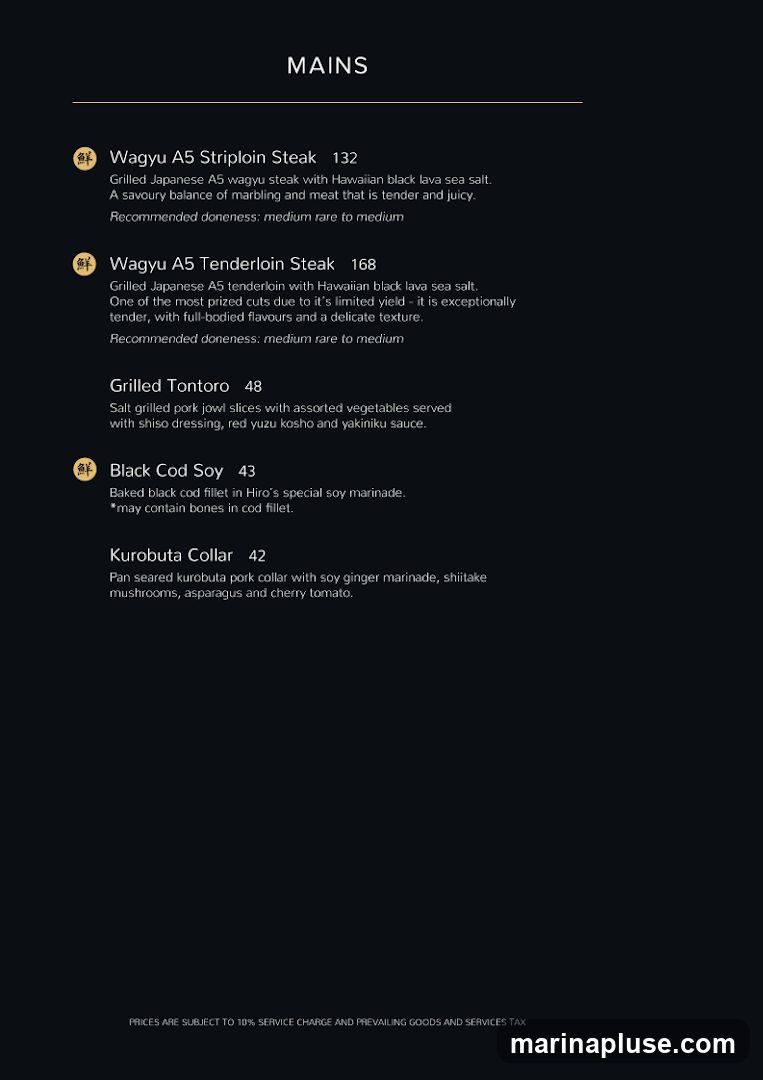 A menu featuring main courses with descriptions and prices.
