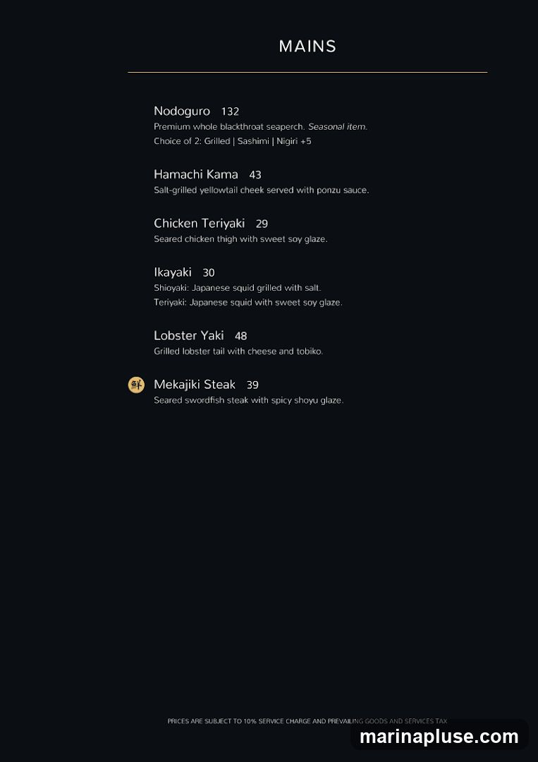 A dark background menu with a list of main courses.