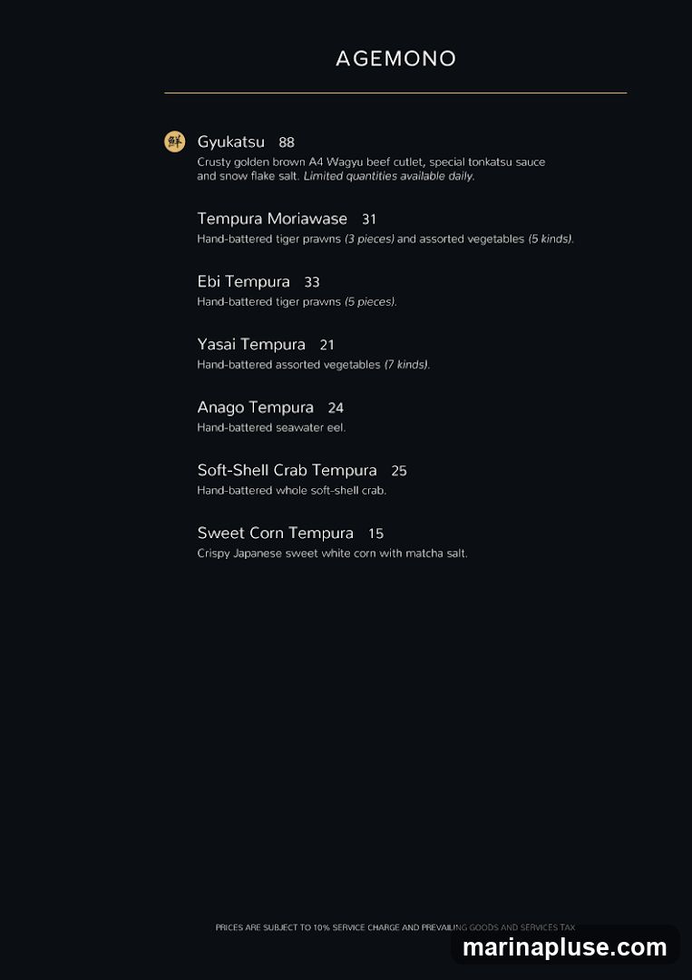 A menu section for Agemono dishes, featuring various tempura items and a Wagyu beef cutlet.