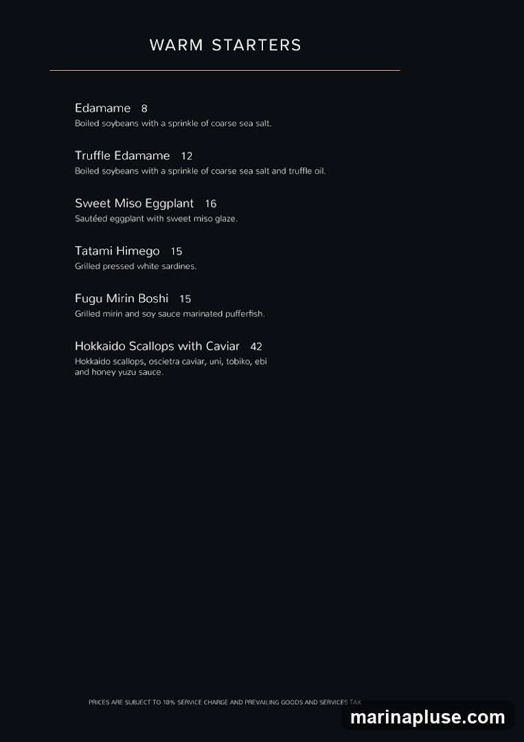 A menu section for warm starters with descriptions and prices.