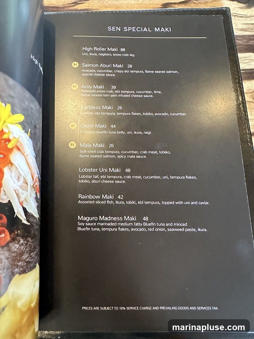 A menu page featuring special maki rolls with descriptions and prices.