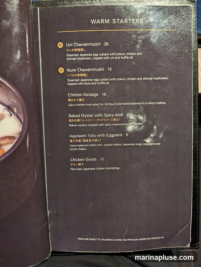A menu page with a list of warm starters.