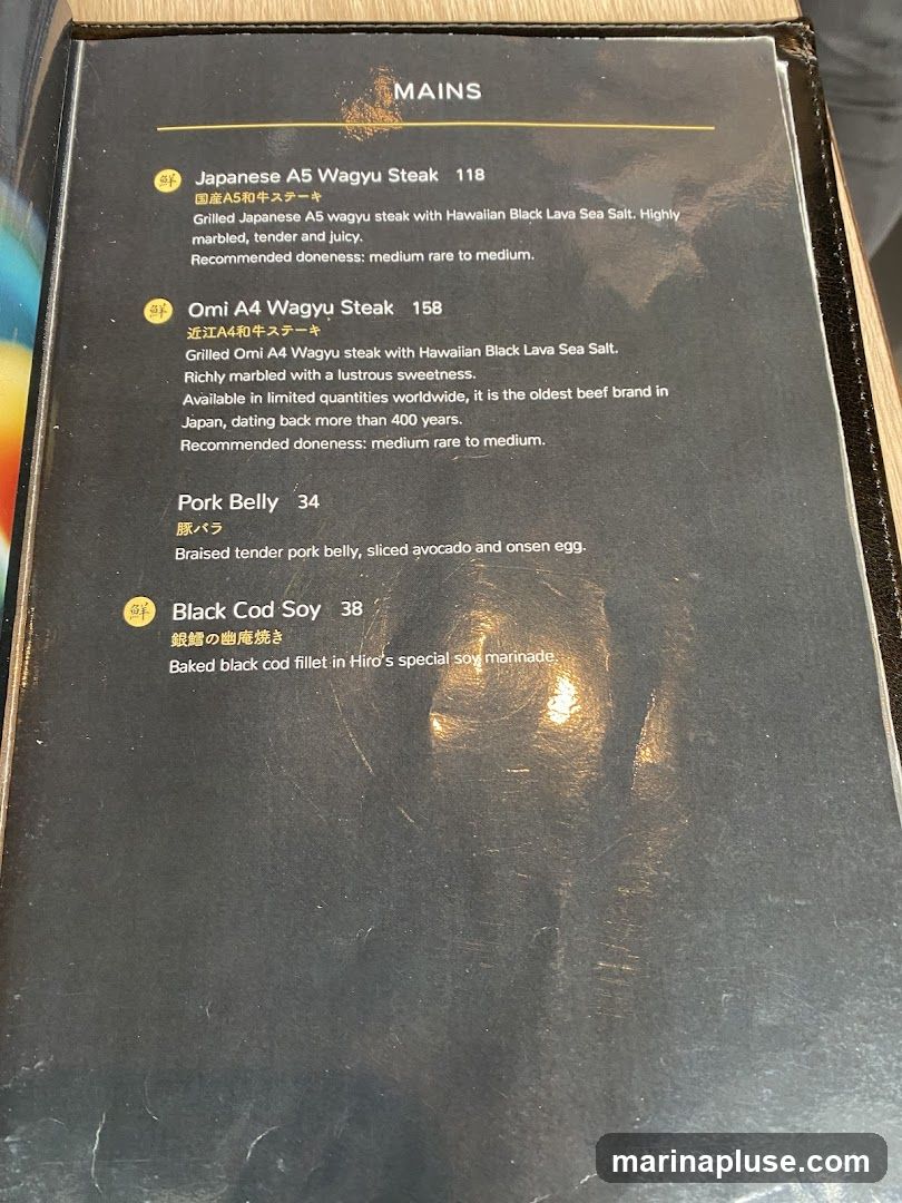 A menu with several main courses listed.