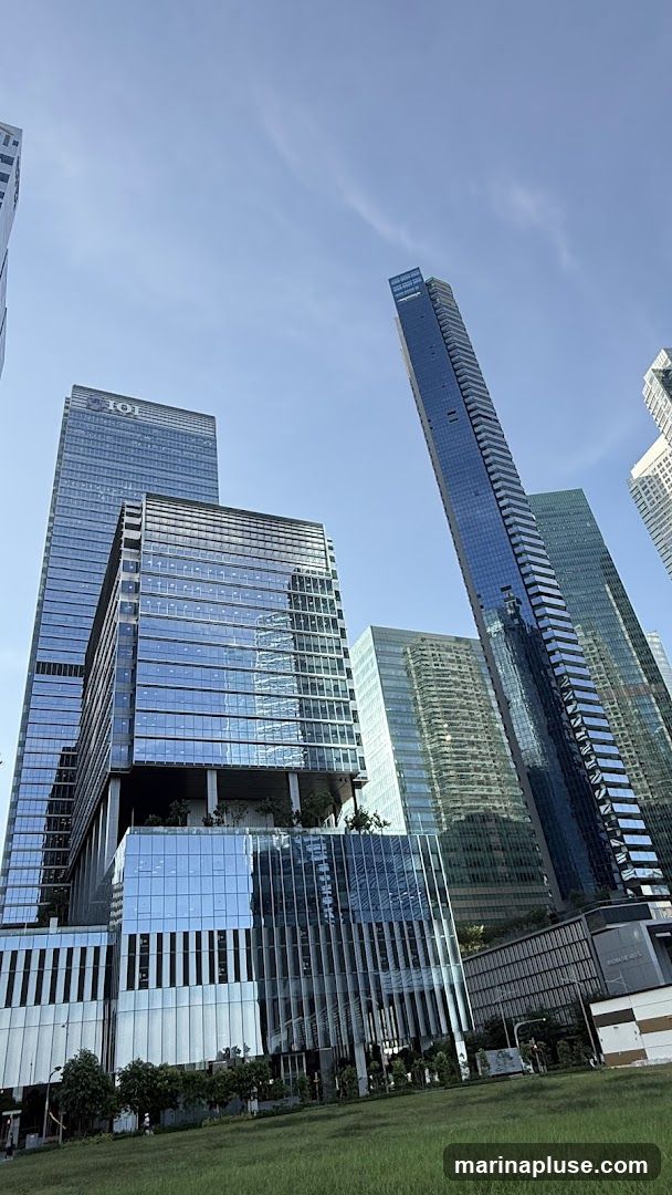A low-angle shot of several modern skyscrapers against a clear blue sky. The buildings are made of glass and steel, reflecting the sky and surrounding structures. In the foreground, a grassy field slopes upwards towards the buildings. One of the buildings has a prominent sign that reads "101" at the top.