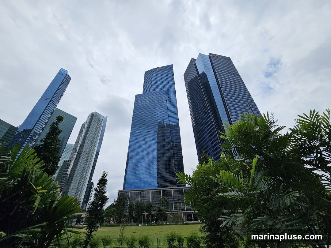 A low-angle shot captures several modern skyscrapers with reflective blue glass facades against a cloudy sky. Lush green trees and foliage are in the foreground, with a manicured lawn and a fence visible in the middle ground. The architecture suggests a business or financial district.