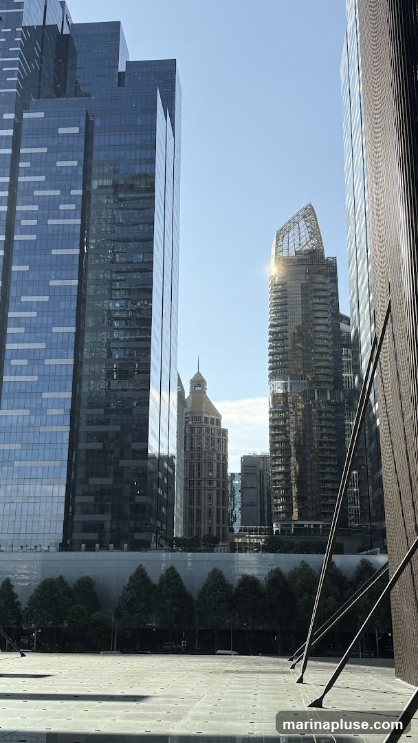 A view of a modern cityscape with several tall glass skyscrapers under a clear blue sky. The sun glints off the windows of one of the buildings. In the foreground, there is a paved plaza with a row of trees behind a translucent barrier.