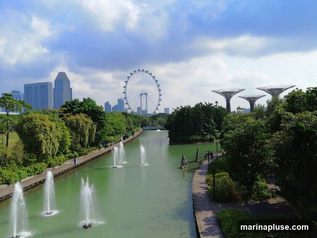 A scenic view of Gardens by the Bay in Singapore, featuring a calm body of water with fountains, lush greenery, and the iconic Supertree Grove. In the background, the Singapore Flyer Ferris wheel and city skyline are visible under a cloudy sky.