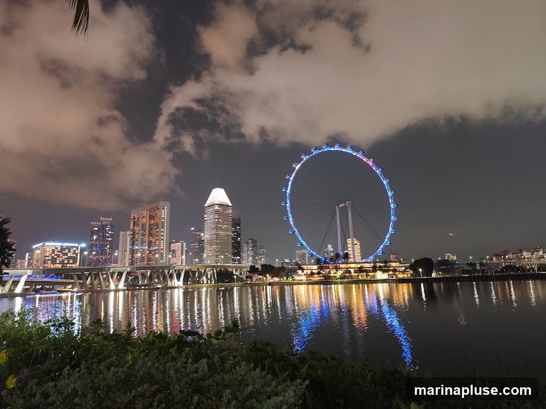 A nighttime view of the Singapore Flyer, a large observation wheel, illuminated with colorful lights. The cityscape of Singapore is visible in the background, with tall buildings and a bridge reflected in the calm water. The sky is partly cloudy, with the clouds also illuminated by the city lights.