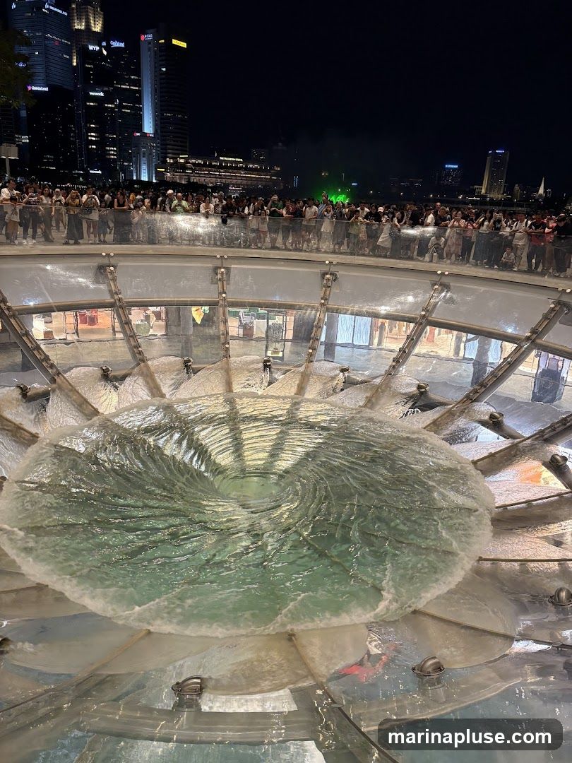 A large crowd of people are gathered on a walkway overlooking a swirling water fountain at night. In the background, city buildings are illuminated, and there appears to be a green light display or fireworks. The fountain is made of glass and metal, with water creating a vortex in the center.
