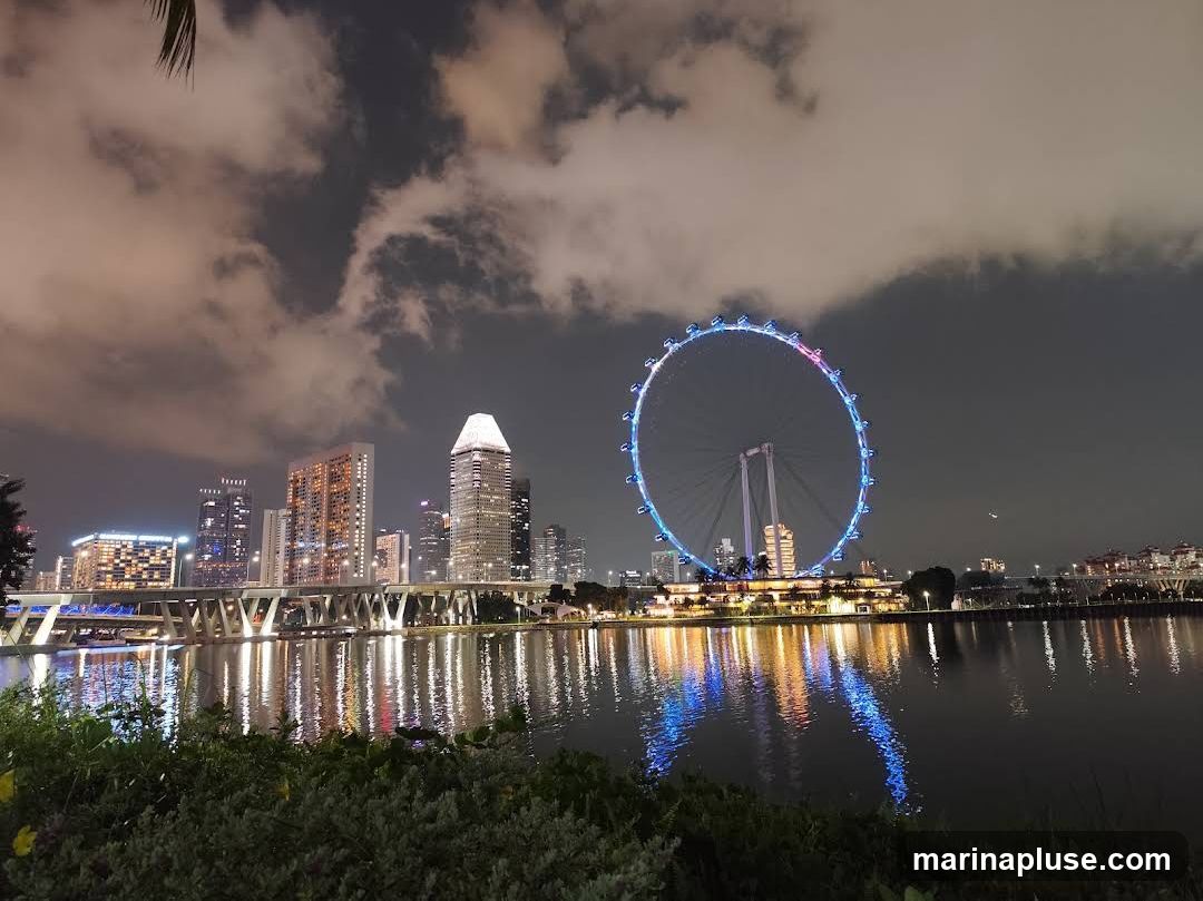 A nighttime view of the Singapore Flyer, a large observation wheel, illuminated with colorful lights. The wheel is situated across a body of water, with a cityscape of modern buildings and a bridge visible in the background. The lights of the city and the wheel are reflected on the water's surface. The sky is partly cloudy, with dramatic cloud formations illuminated by the city lights.