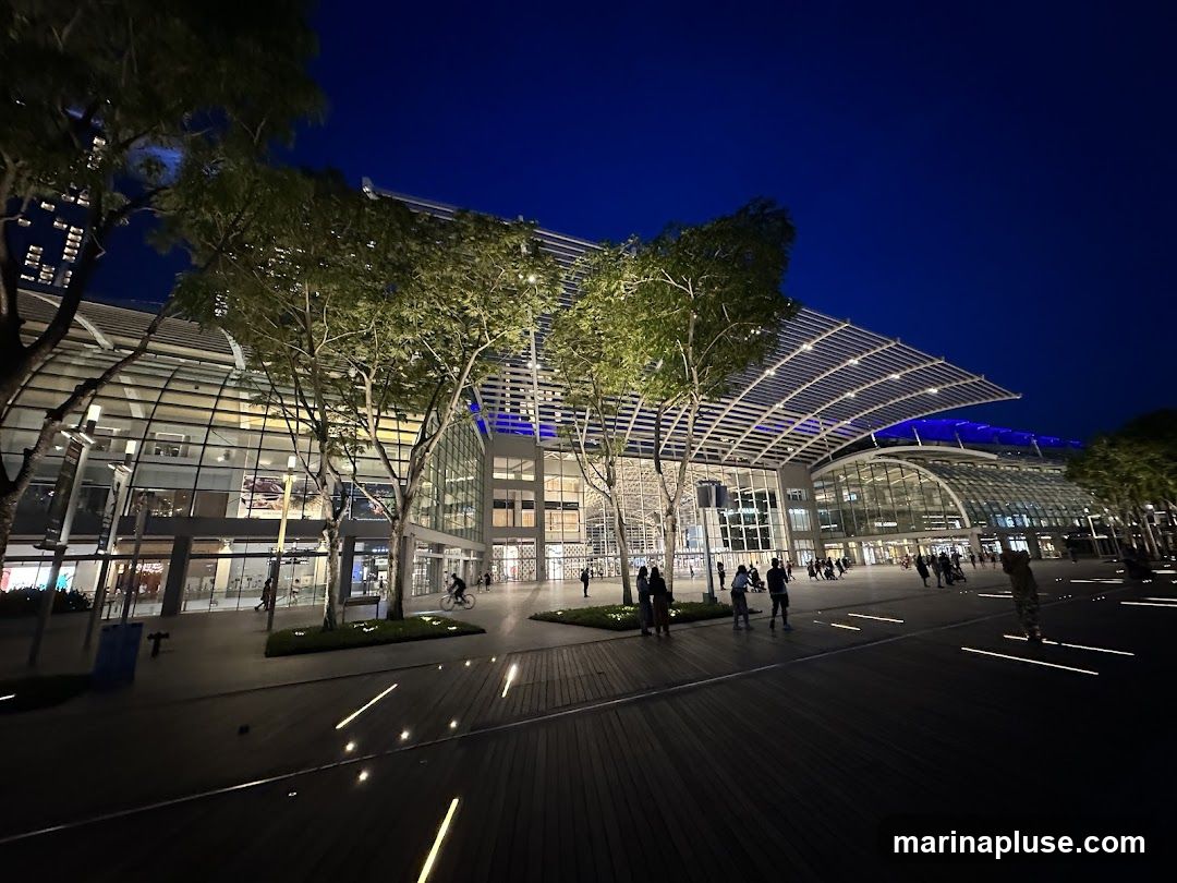 A wide shot of a large, modern building with a distinctive curved roof structure, illuminated at night. The facade features extensive glass windows, revealing interior lights and some displays. Several trees with lush green foliage are strategically placed in front of the building, adding a natural element to the urban landscape. People are seen walking and gathering in the open area in front of the building, suggesting it is a public space or a commercial complex. The ground is paved with wooden planks and features embedded lights that create a reflective pattern. The sky above is a deep, clear blue, indicating it is nighttime.